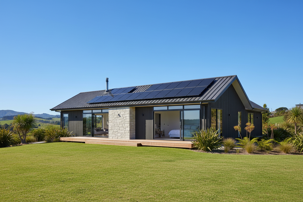 2 bedrom new zealand house with 10 black solar panels