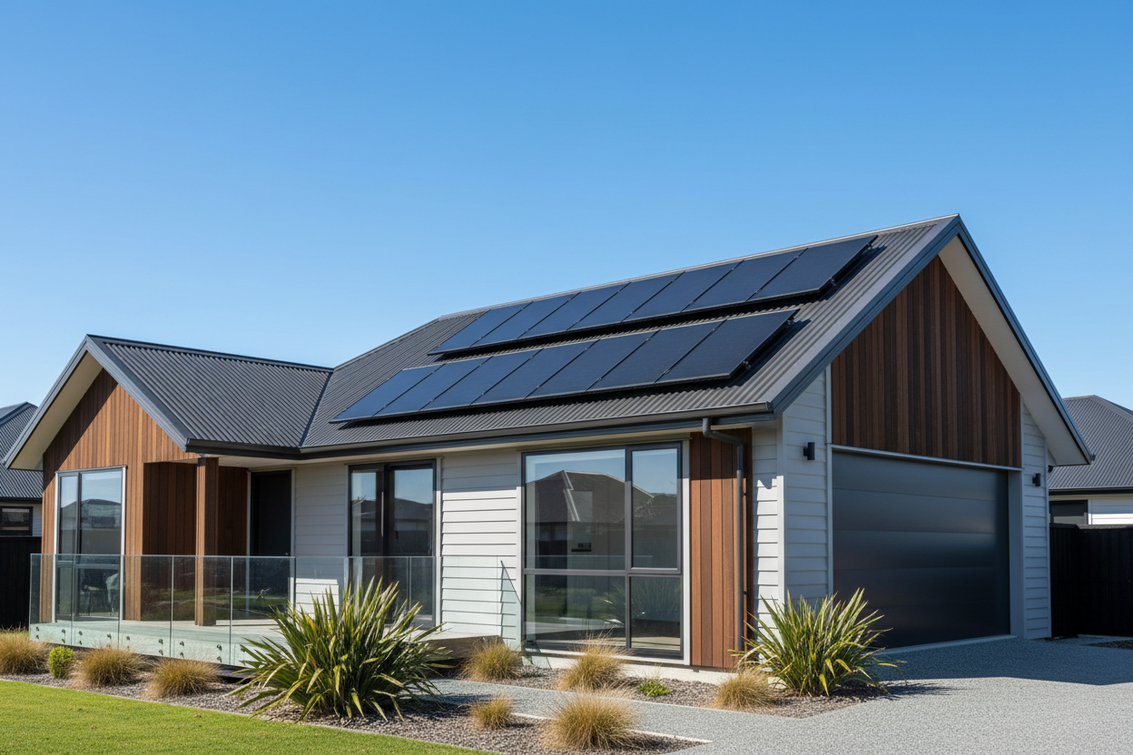 2 bedroom new zealand house with 10 solar panels in black