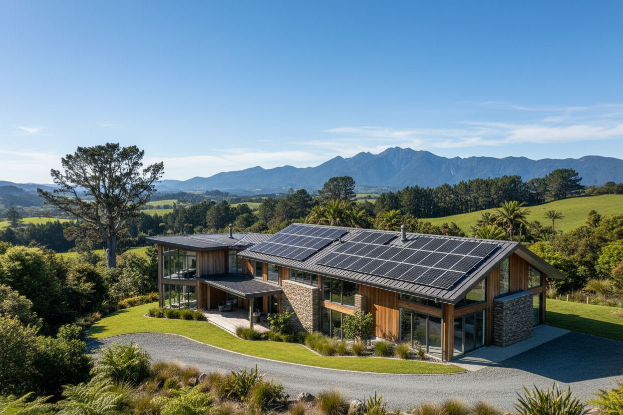 large house in new zealand with 24 solar panels in black