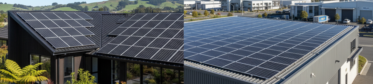 larger new zealand home with black solar panels. image on right 50 panel commercial building solar system in new zealand