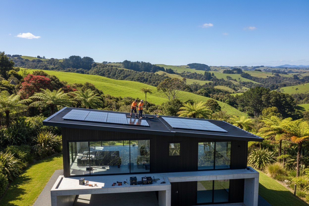 remove the battery/inverter on the side. Show 2 workers on the roof installing the panels. Optimise image for a shopify landing page hero image
